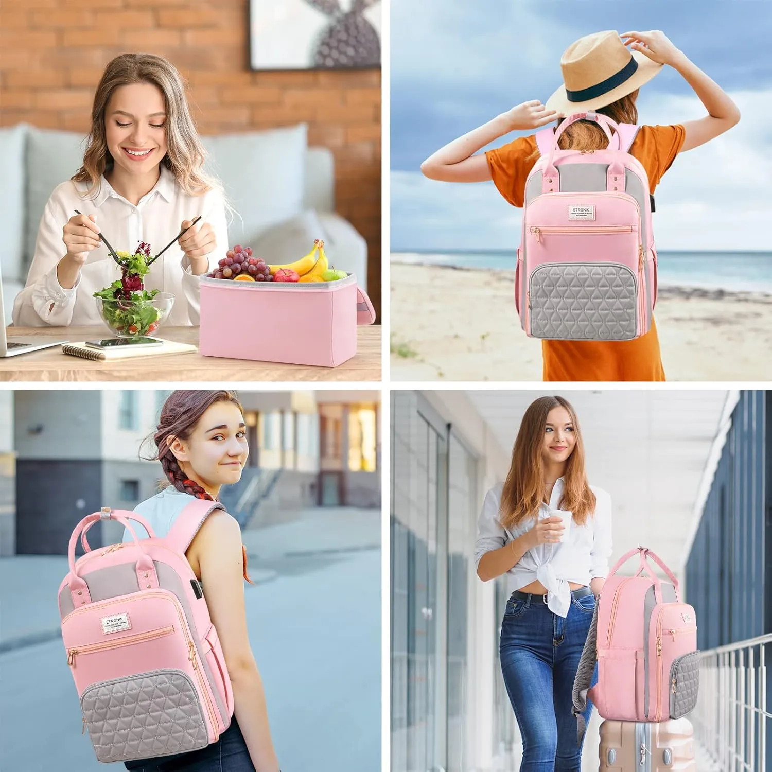 ETRONIK Lunch Backpack for Women, 15.6 inch Laptop Backpack with USB Port, Work Backpack for Women Men Travel Backpack with Insulated Cooler Lunch Bag for Nurse Teacher Gifts, Pink