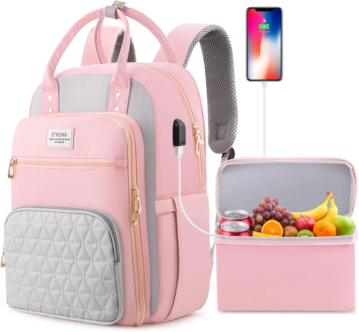 ETRONIK Lunch Backpack for Women, 15.6 inch Laptop Backpack with USB Port, Work Backpack for Women Men Travel Backpack with Insulated Cooler Lunch Bag for Nurse Teacher Gifts, Pink