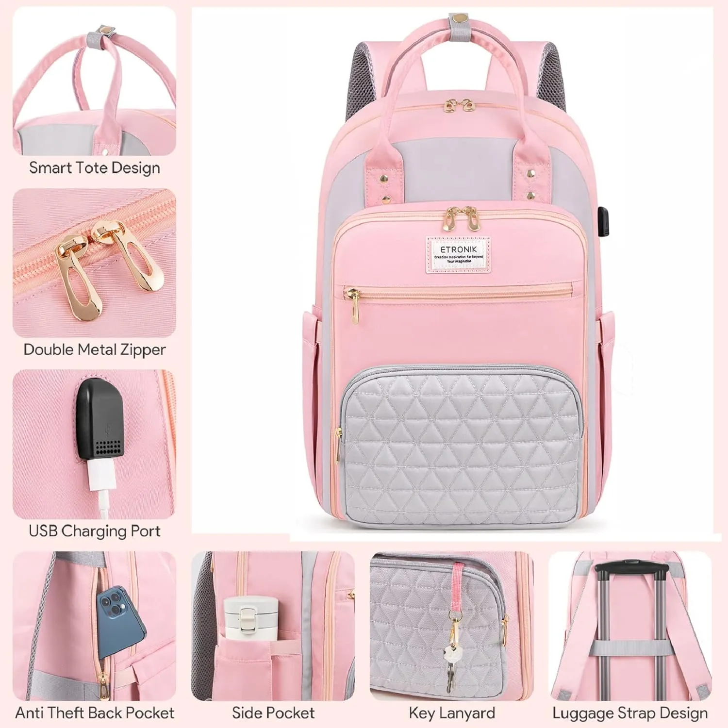 ETRONIK Lunch Backpack for Women, 15.6 inch Laptop Backpack with USB Port, Work Backpack for Women Men Travel Backpack with Insulated Cooler Lunch Bag for Nurse Teacher Gifts, Pink