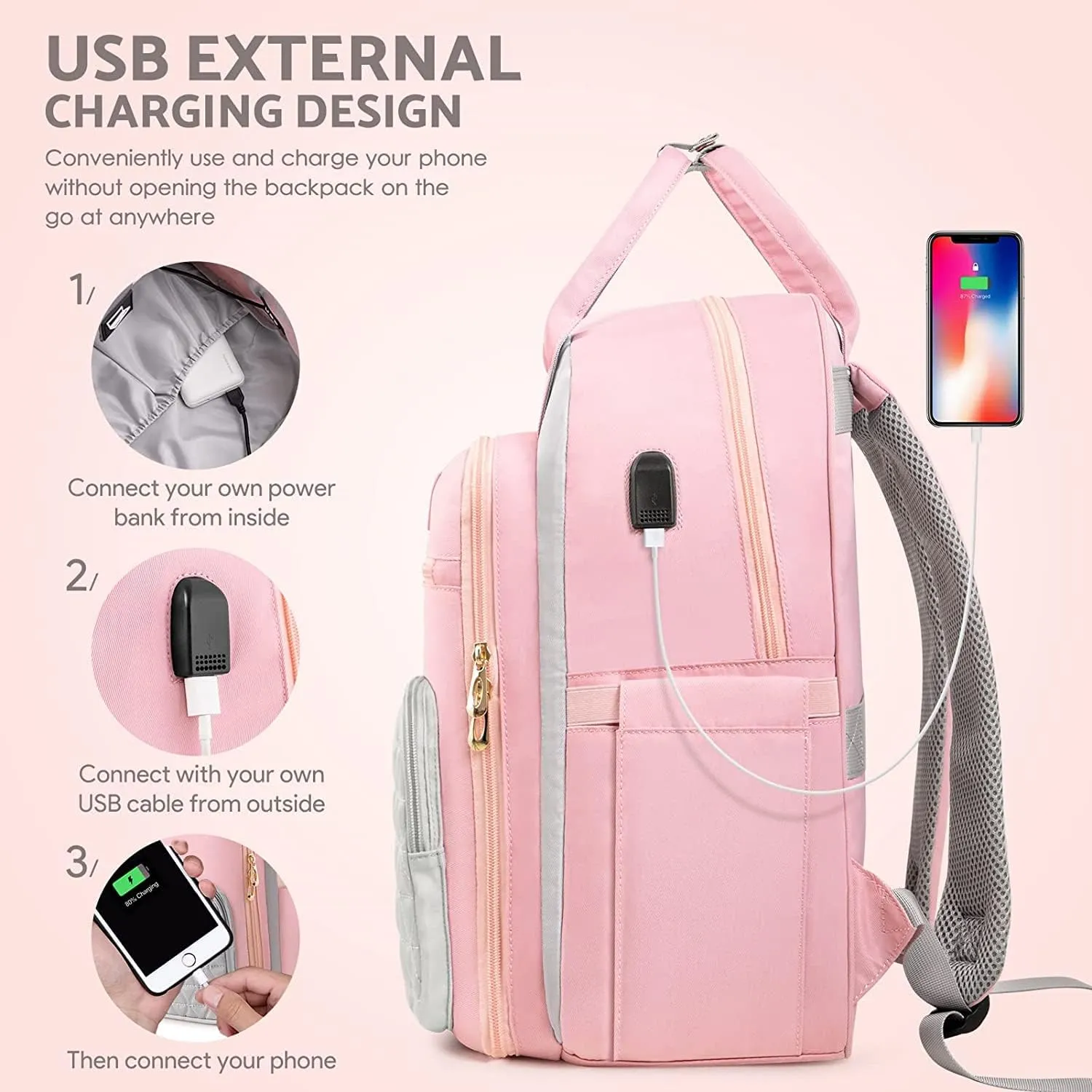 ETRONIK Lunch Backpack for Women, 15.6 inch Laptop Backpack with USB Port, Work Backpack for Women Men Travel Backpack with Insulated Cooler Lunch Bag for Nurse Teacher Gifts, Pink