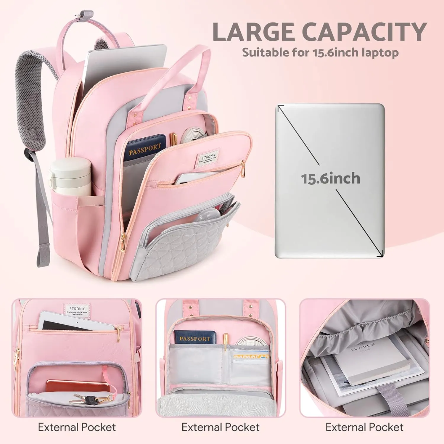 ETRONIK Lunch Backpack for Women, 15.6 inch Laptop Backpack with USB Port, Work Backpack for Women Men Travel Backpack with Insulated Cooler Lunch Bag for Nurse Teacher Gifts, Pink