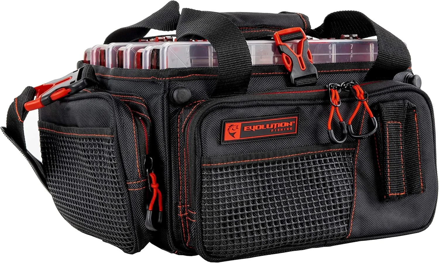 Evolution Outdoor Drift Series Topless Horizontal Tackle Bag – Outdoor Rucksack w/ 5 Fishing Tackle Trays, Padded Handle and Shoulder Strap, Plier Holster, Tackle Carrying Case