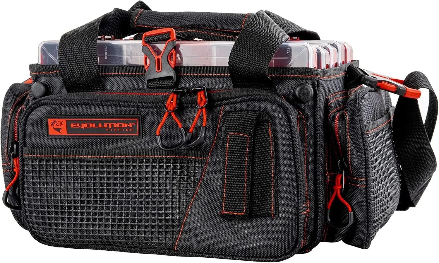 Evolution Outdoor Drift Series Topless Horizontal Tackle Bag – Outdoor Rucksack w/ 5 Fishing Tackle Trays, Padded Handle and Shoulder Strap, Plier Holster, Tackle Carrying Case