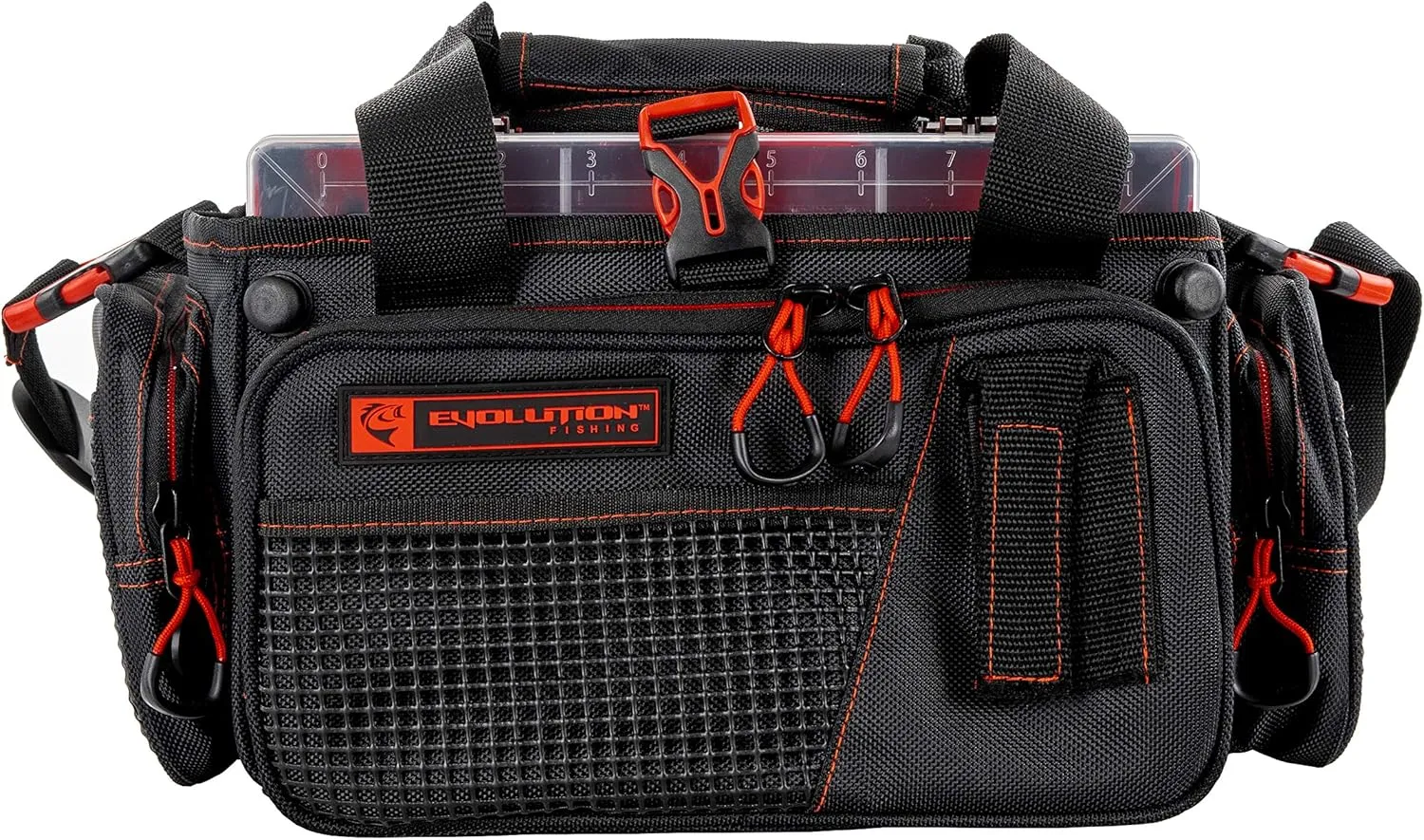 Evolution Outdoor Drift Series Topless Horizontal Tackle Bag – Outdoor Rucksack w/ 5 Fishing Tackle Trays, Padded Handle and Shoulder Strap, Plier Holster, Tackle Carrying Case