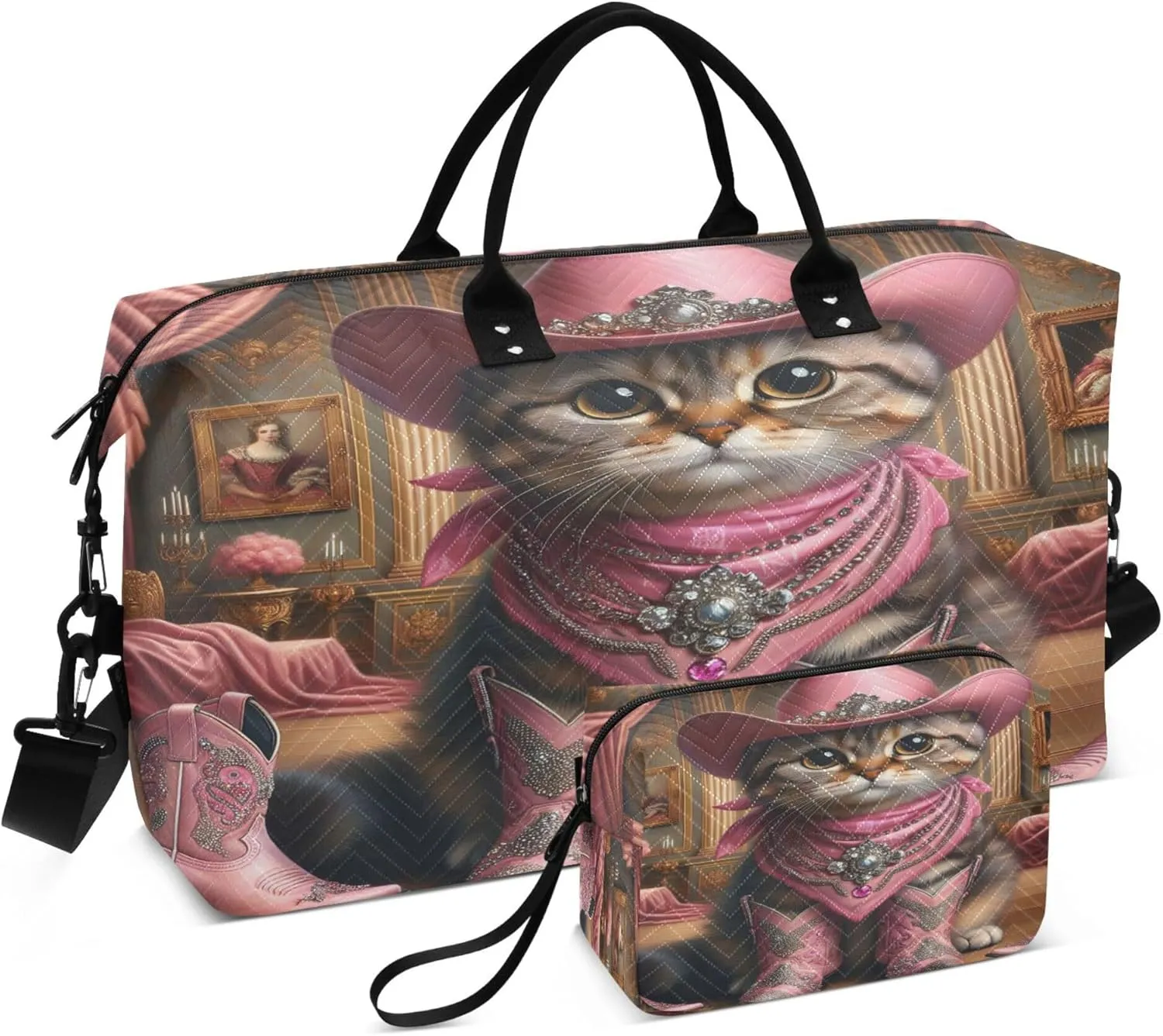 Exnundod Pink Elegant Cowgirl Cat Travel Duffel Bags for Women Baroque Artistic Sports Gym Bag Weekender Carry On Tote Overnight Luggage Duffle Bags