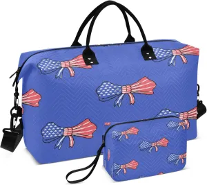 Exnundod Travel Duffel Bags 4th Of July Bow Sports Gym Bag Stars and Stripes Patriotic Weekender Carry On Tote Overnight Luggage Bags for Women and Men
