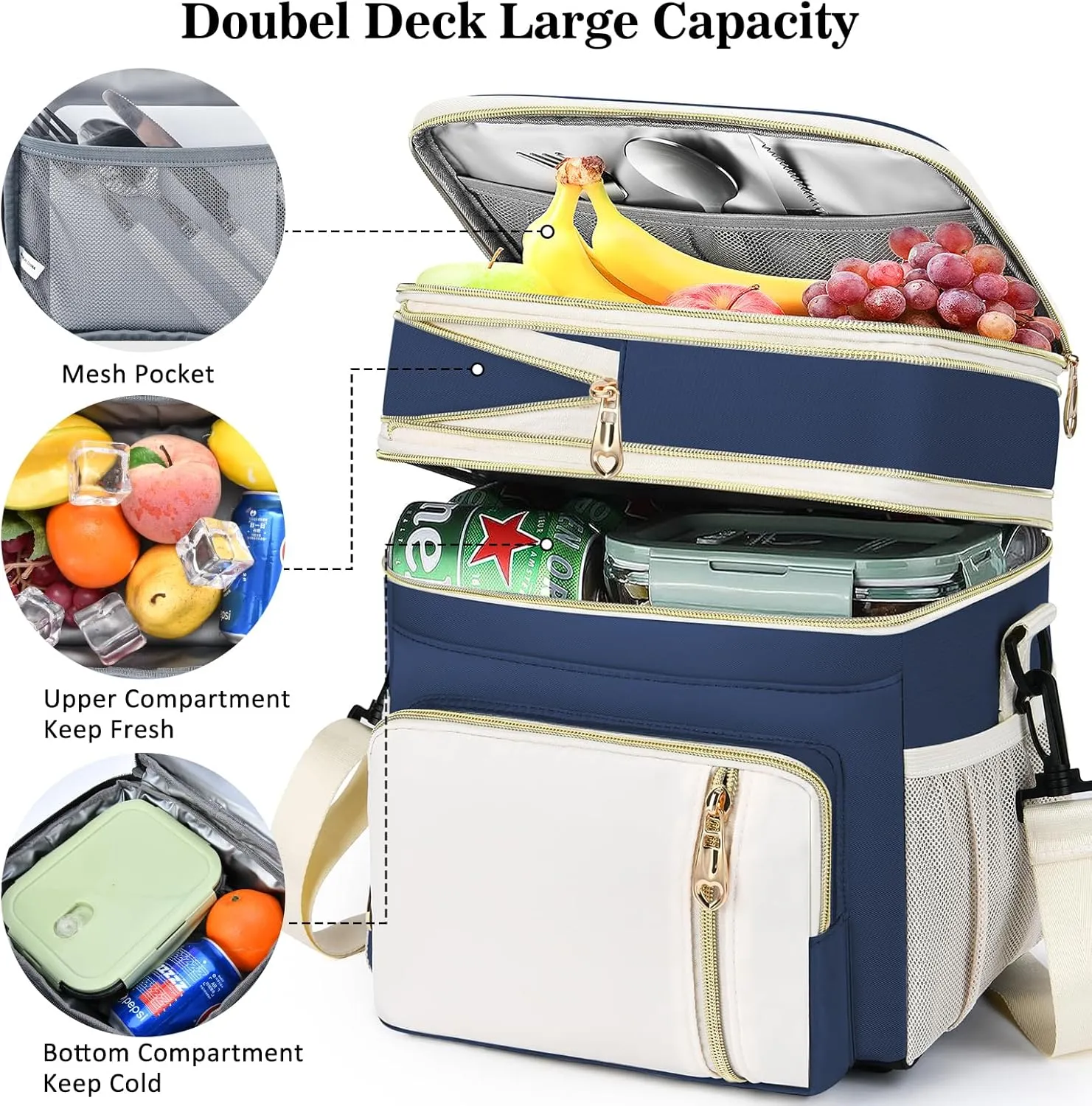 Expandable Lunch Box for Women Men | Adult Lunchbag Cooler Tote Bag with Adjustable Shoulder Strap | Insulated Reusable Womens Lunch Bags for Work Camping Beach | 16L, Dark Blue