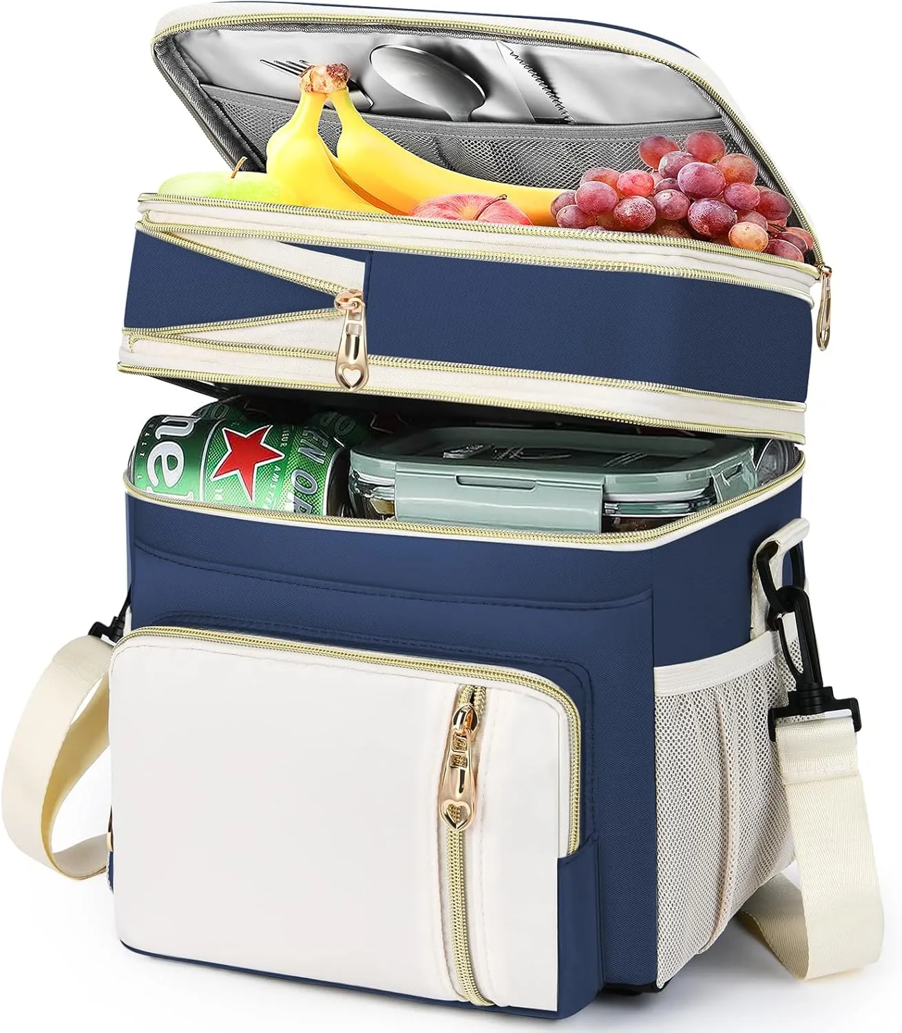 Expandable Lunch Box for Women Men | Adult Lunchbag Cooler Tote Bag with Adjustable Shoulder Strap | Insulated Reusable Womens Lunch Bags for Work Camping Beach | 16L, Dark Blue