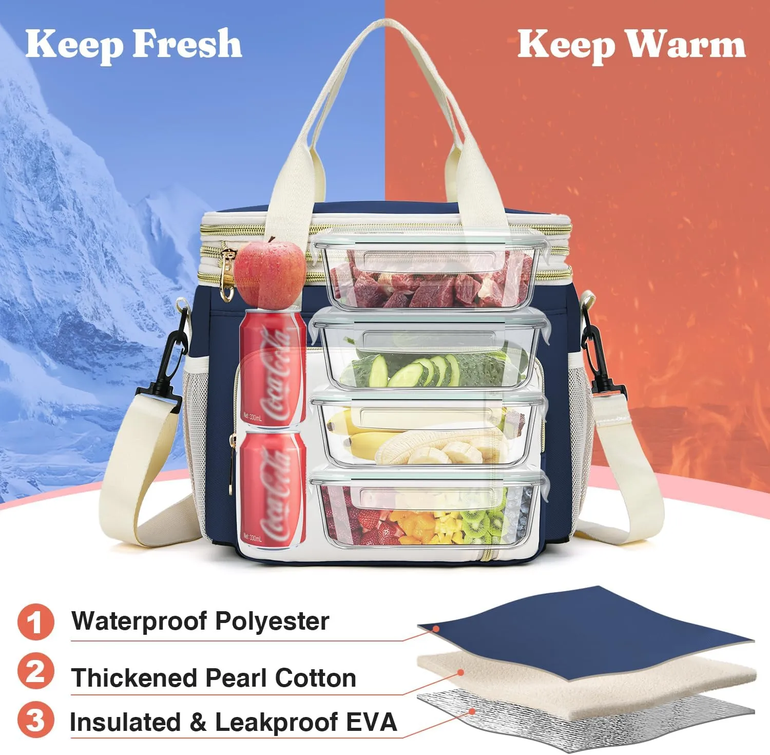 Expandable Lunch Box for Women Men | Adult Lunchbag Cooler Tote Bag with Adjustable Shoulder Strap | Insulated Reusable Womens Lunch Bags for Work Camping Beach | 16L, Dark Blue
