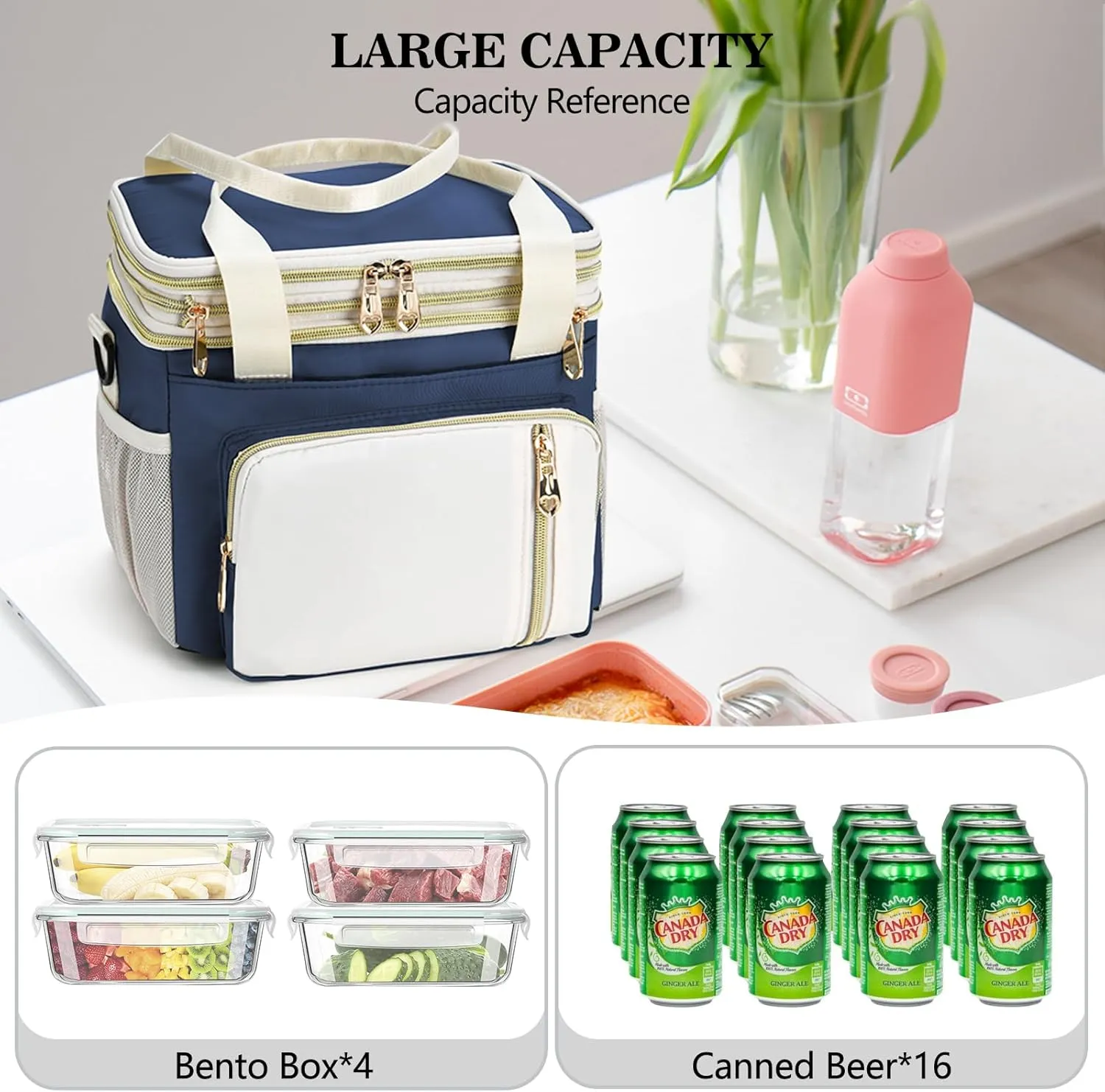Expandable Lunch Box for Women Men | Adult Lunchbag Cooler Tote Bag with Adjustable Shoulder Strap | Insulated Reusable Womens Lunch Bags for Work Camping Beach | 16L, Dark Blue