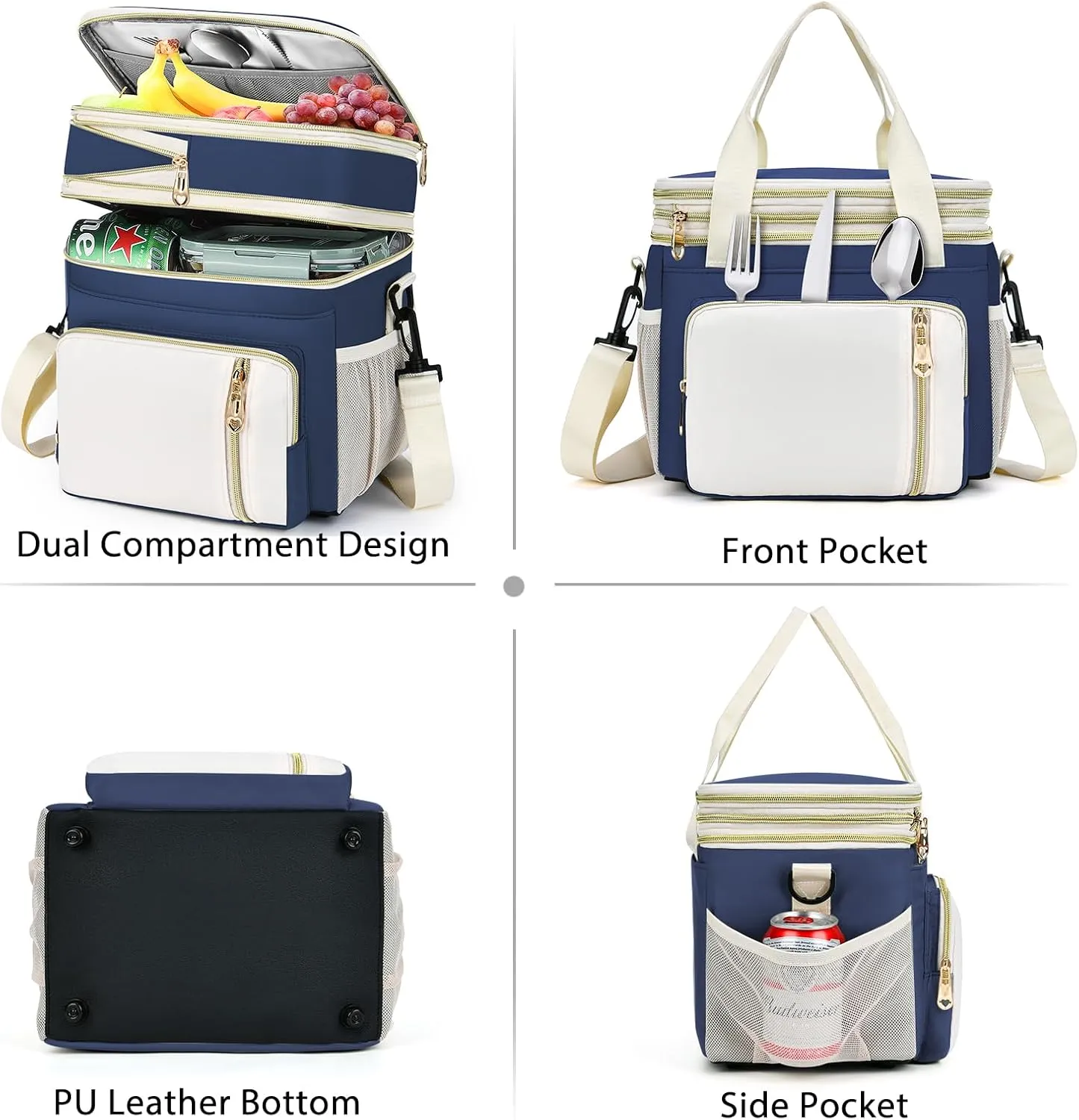 Expandable Lunch Box for Women Men | Adult Lunchbag Cooler Tote Bag with Adjustable Shoulder Strap | Insulated Reusable Womens Lunch Bags for Work Camping Beach | 16L, Dark Blue