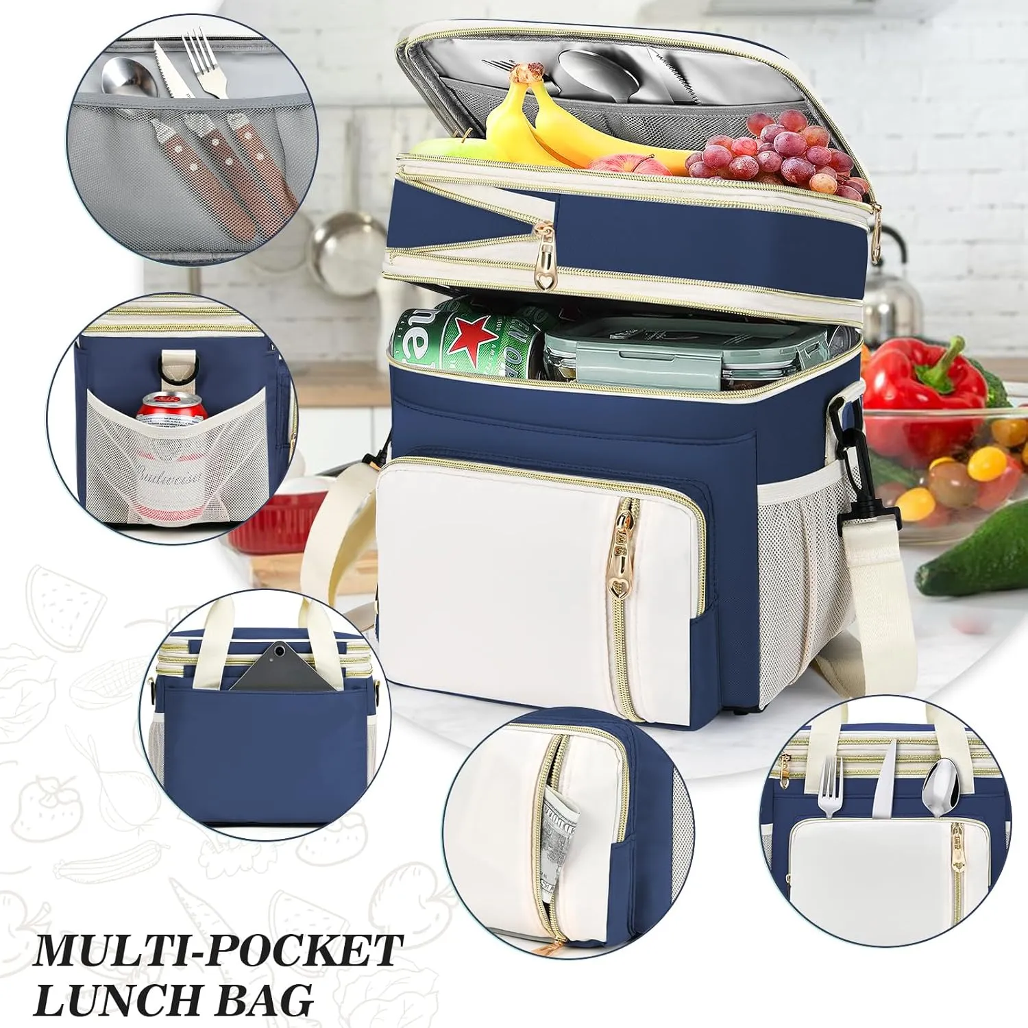 Expandable Lunch Box for Women Men | Adult Lunchbag Cooler Tote Bag with Adjustable Shoulder Strap | Insulated Reusable Womens Lunch Bags for Work Camping Beach | 16L, Dark Blue