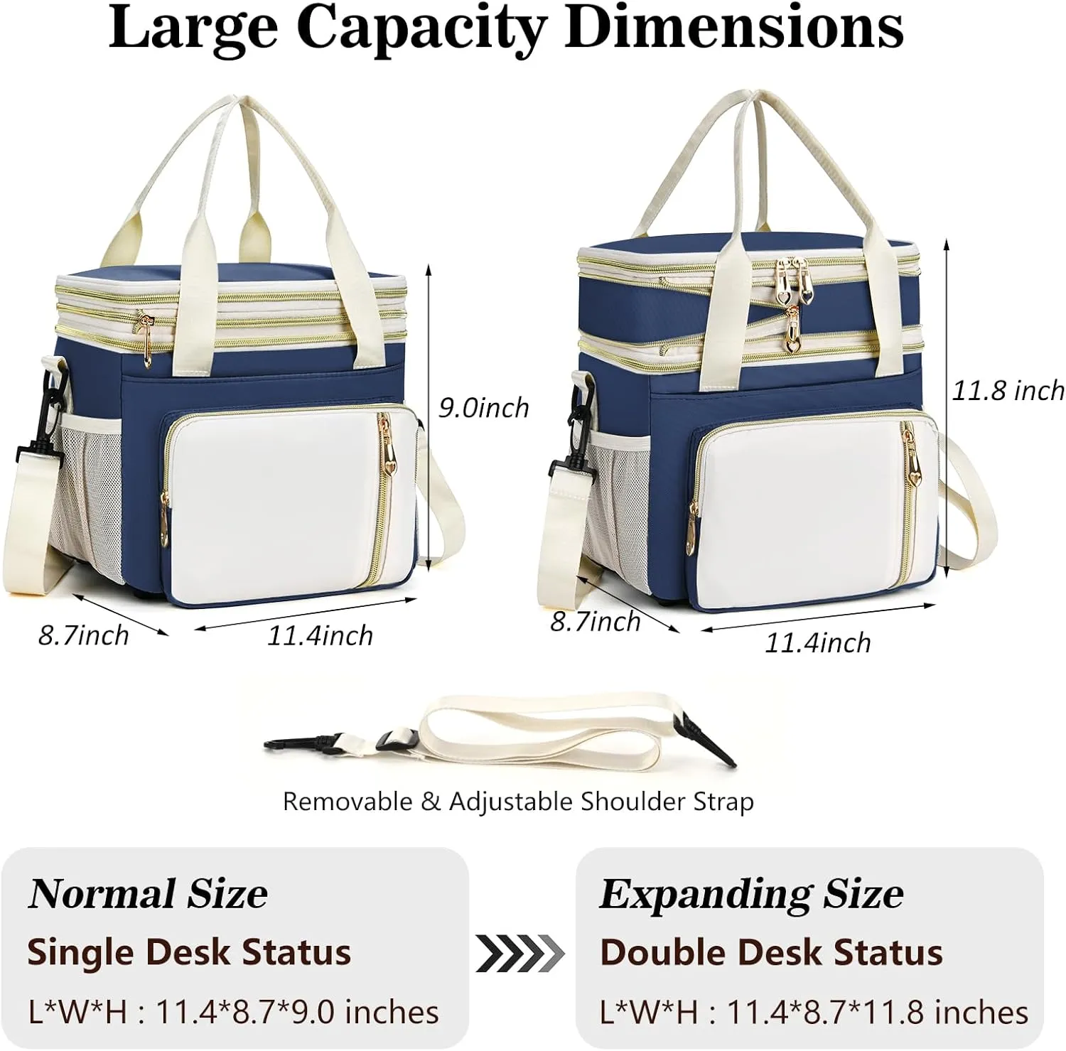 Expandable Lunch Box for Women Men | Adult Lunchbag Cooler Tote Bag with Adjustable Shoulder Strap | Insulated Reusable Womens Lunch Bags for Work Camping Beach | 16L, Dark Blue