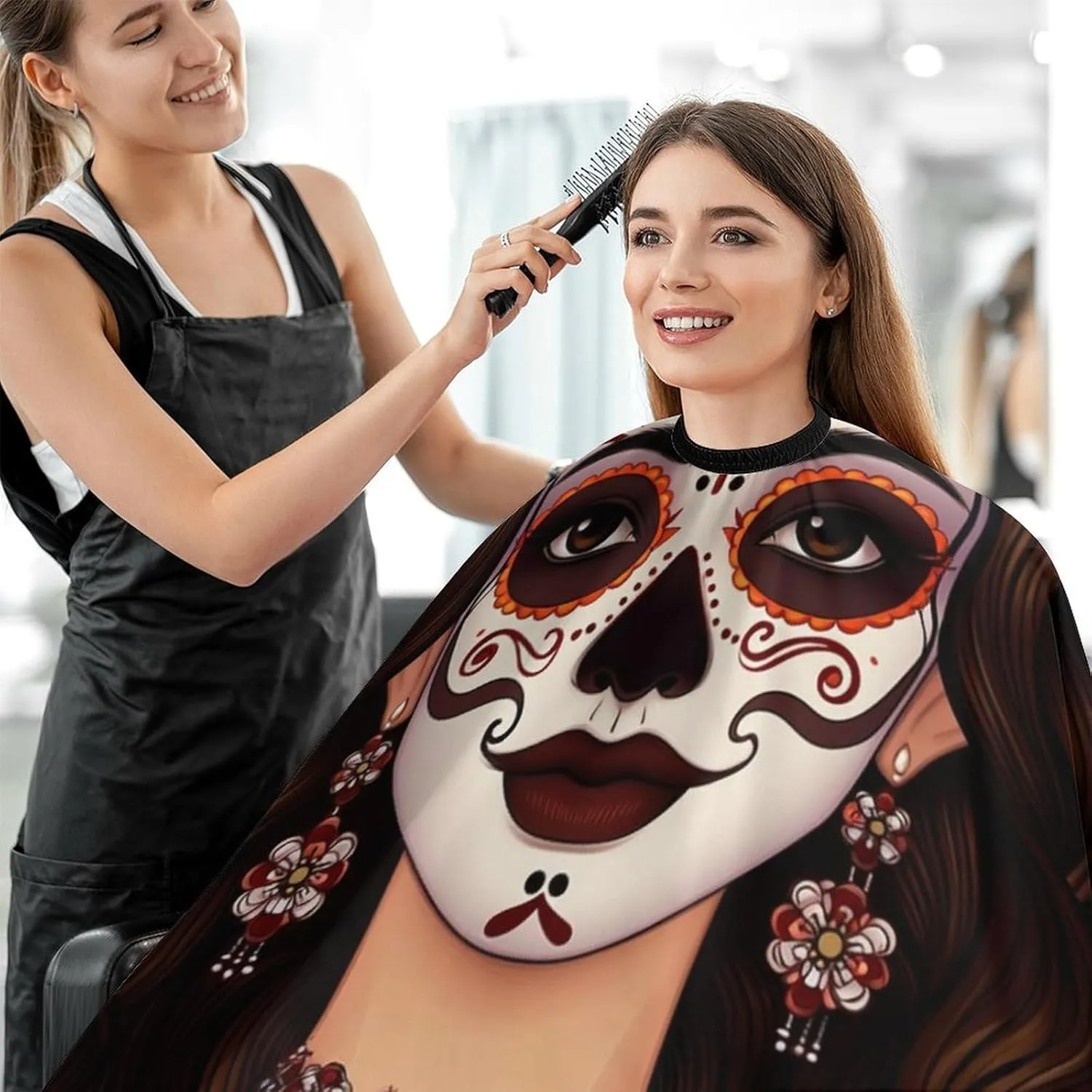 Extra Long Professional Salon Cape - Haircut Apron Sugar Skull Day of Dead Woman Floral Art Hair-Cutting Gown for Styling Hair Cut Hairdresser