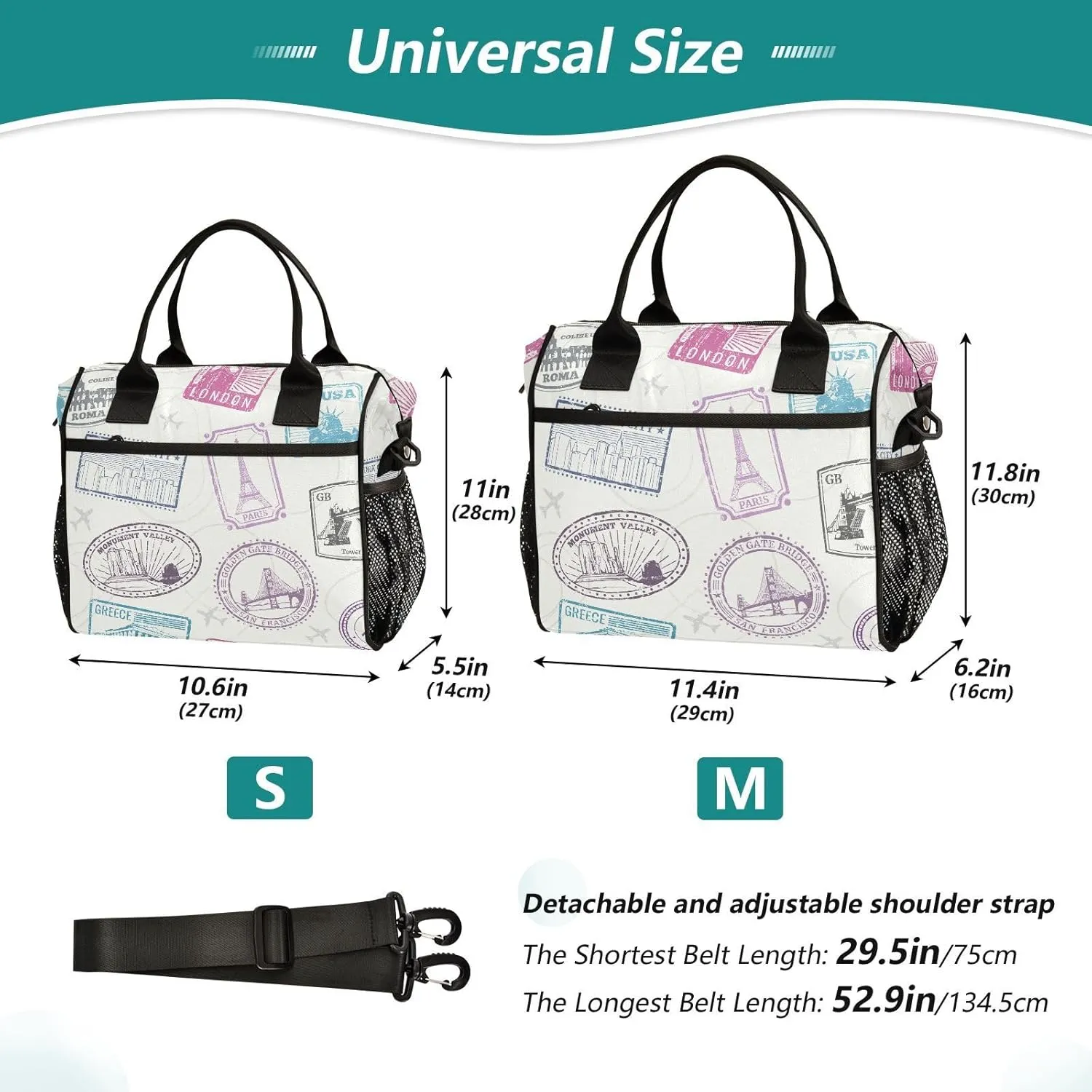 Famous-world-monuments-pattern Insulated Cooler Lunch Bag for Women Men, Reusable Lunch box with Adjustable Shoulder Belt for Office Travel Picnic,M, Medium