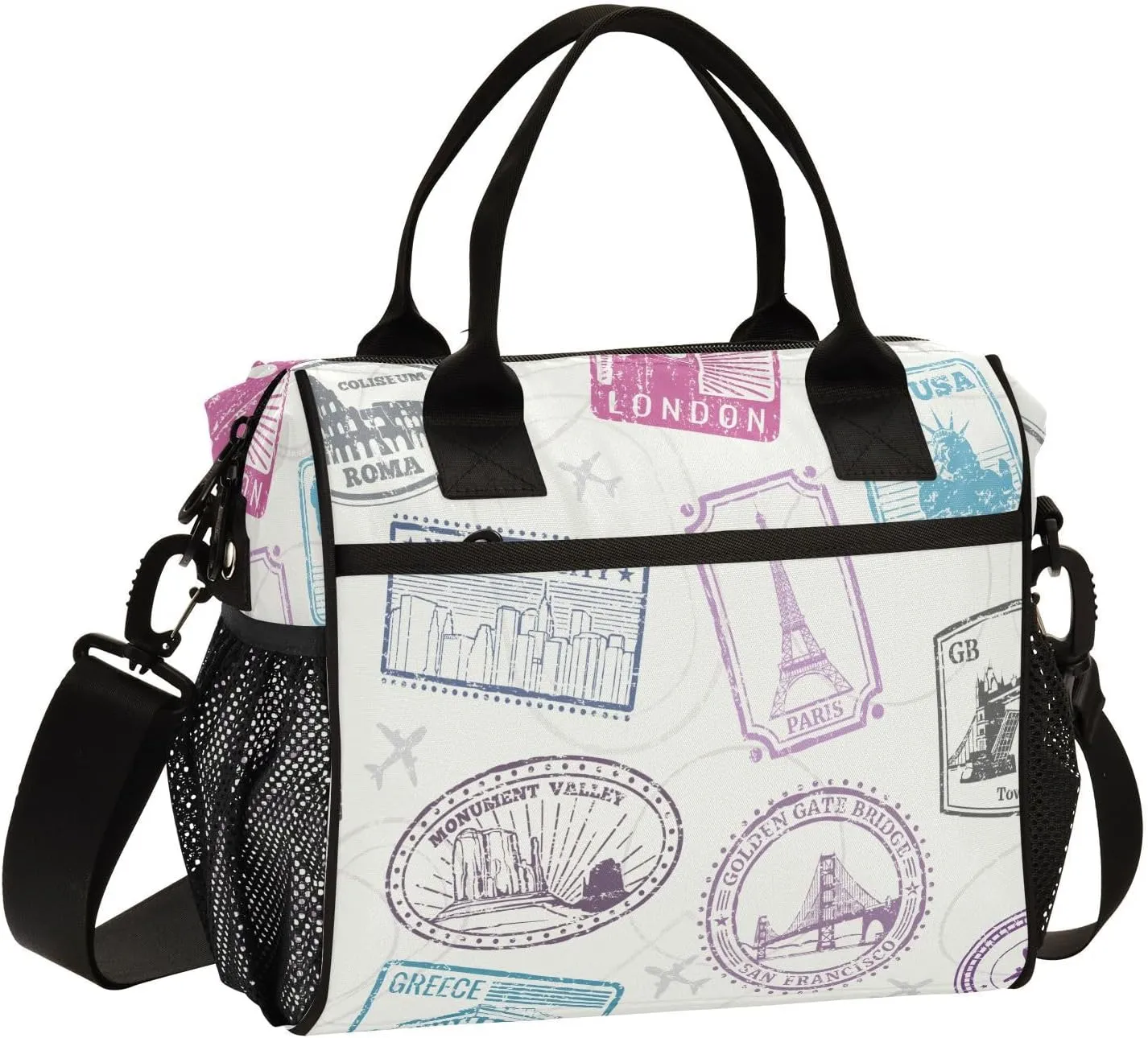 Famous-world-monuments-pattern Insulated Cooler Lunch Bag for Women Men, Reusable Lunch box with Adjustable Shoulder Belt for Office Travel Picnic,M, Medium