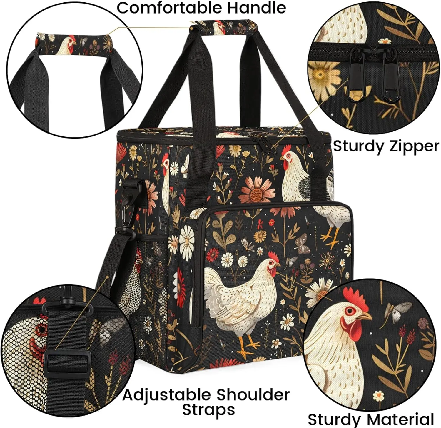 Farmhouse Floral Chicken Coffee Maker Carring Bag, Large Insulated Storage Organizer Case Tote Bags with Shoulder Strap for Travel Work Picnic