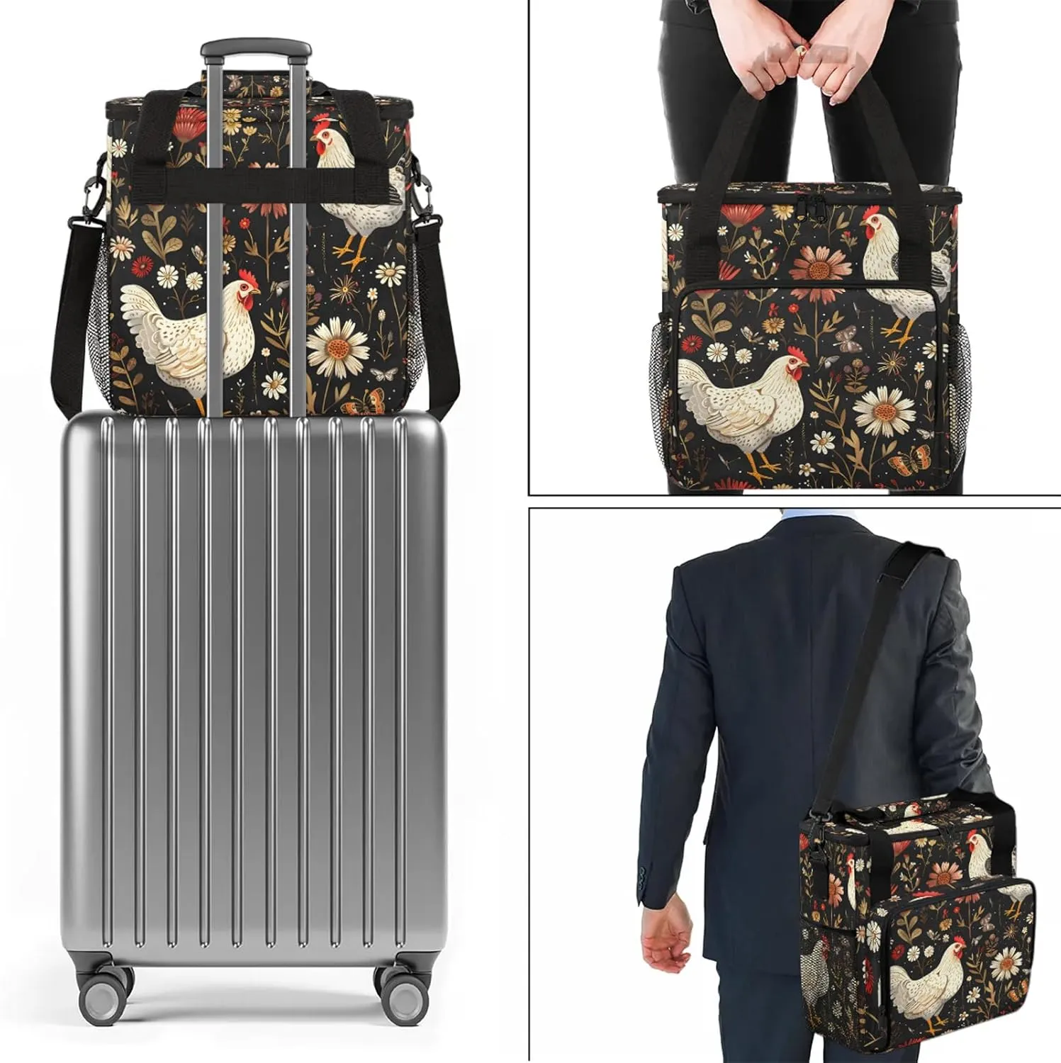 Farmhouse Floral Chicken Coffee Maker Carring Bag, Large Insulated Storage Organizer Case Tote Bags with Shoulder Strap for Travel Work Picnic