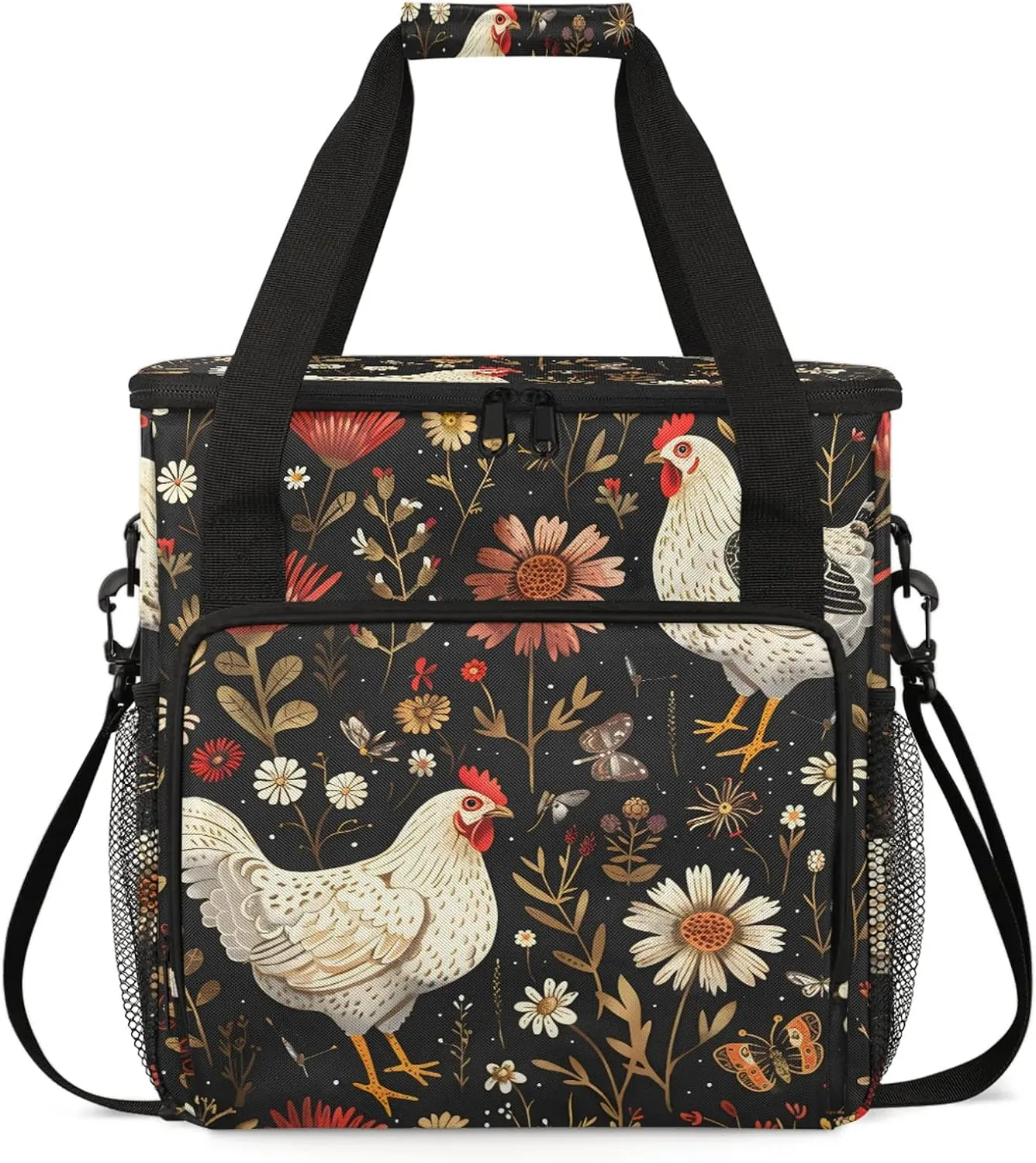 Farmhouse Floral Chicken Coffee Maker Carring Bag, Large Insulated Storage Organizer Case Tote Bags with Shoulder Strap for Travel Work Picnic