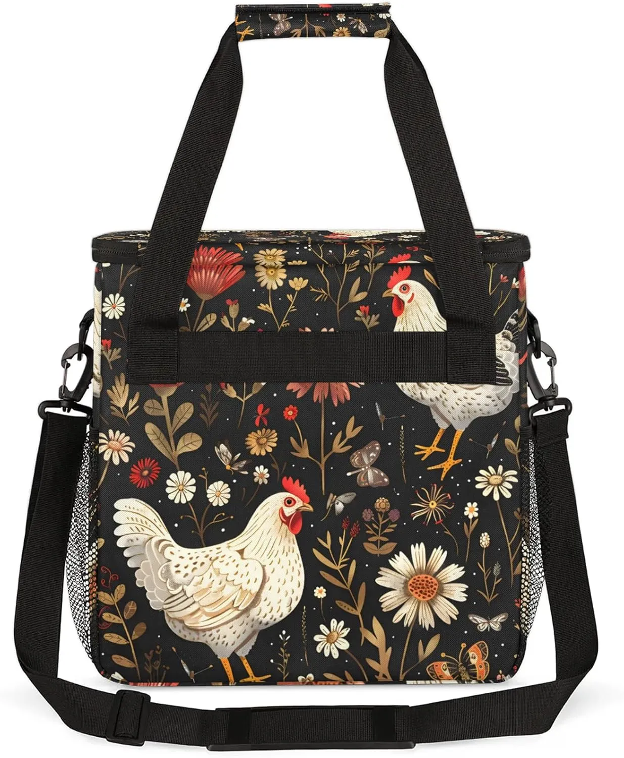 Farmhouse Floral Chicken Coffee Maker Carring Bag, Large Insulated Storage Organizer Case Tote Bags with Shoulder Strap for Travel Work Picnic