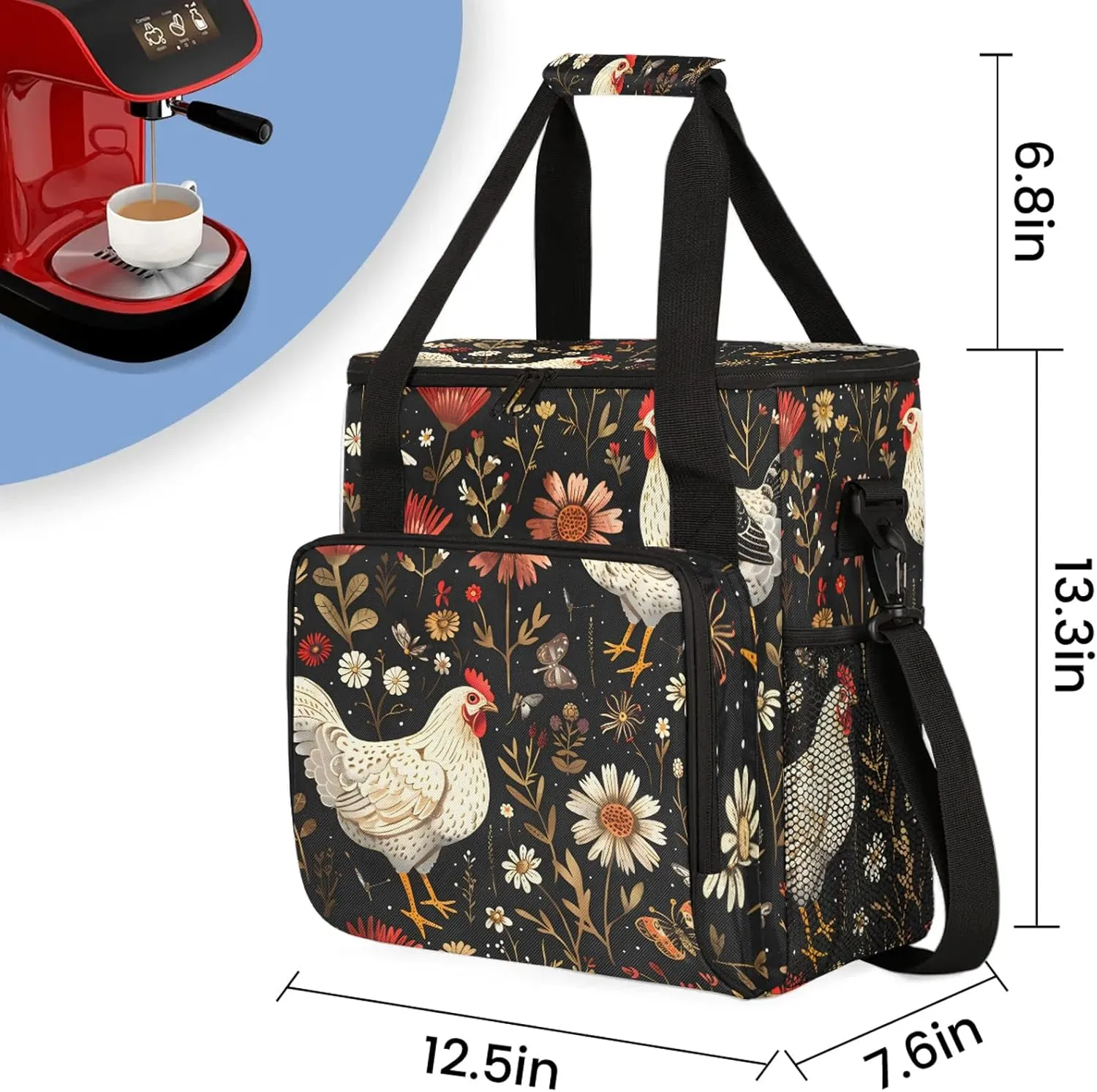 Farmhouse Floral Chicken Coffee Maker Carring Bag, Large Insulated Storage Organizer Case Tote Bags with Shoulder Strap for Travel Work Picnic