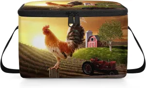 Farmhouse Rooster Farmland Lunch Bag Insulated Reusable Adult Large Lunch Box with Adjustable Shoulder and Zipper Canvas Cooler Tote Bag for Office Work Picnic Outdoor