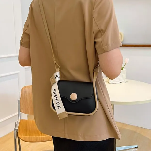 Fashion Crossbody Bag with Contrast Strap, Faux Leather, Cream and Brown