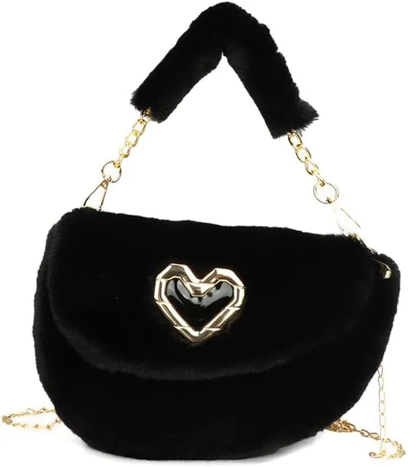 Fashion Plush Crossbody Bag For Women, Saddle Purse Wallet, Faux Fur Soft Handbag for Winter, Lovely Heart Shoulder Chain Bag