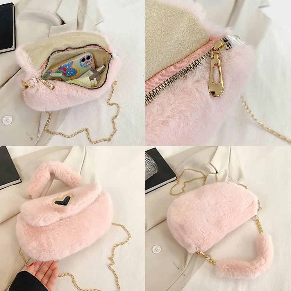 Fashion Plush Crossbody Bag For Women, Saddle Purse Wallet, Faux Fur Soft Handbag for Winter, Lovely Heart Shoulder Chain Bag