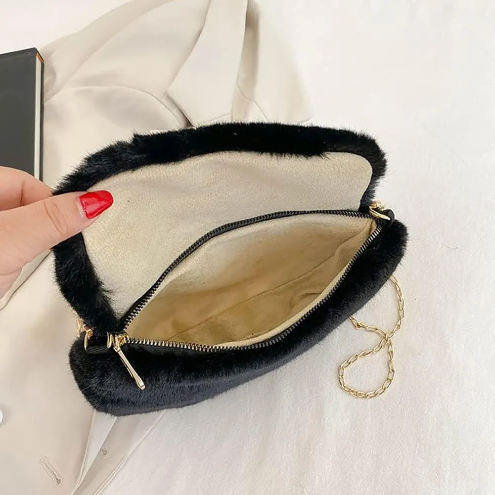 Fashion Plush Crossbody Bag For Women, Saddle Purse Wallet, Faux Fur Soft Handbag for Winter, Lovely Heart Shoulder Chain Bag