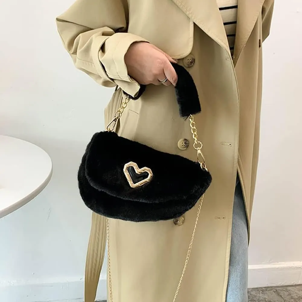 Fashion Plush Crossbody Bag For Women, Saddle Purse Wallet, Faux Fur Soft Handbag for Winter, Lovely Heart Shoulder Chain Bag