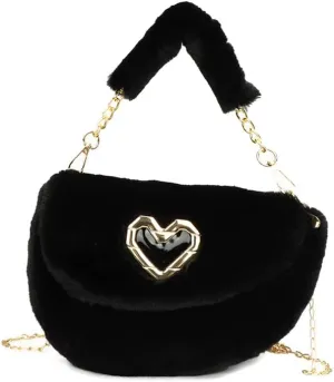 Fashion Plush Crossbody Bag For Women, Saddle Purse Wallet, Faux Fur Soft Handbag for Winter, Lovely Heart Shoulder Chain Bag