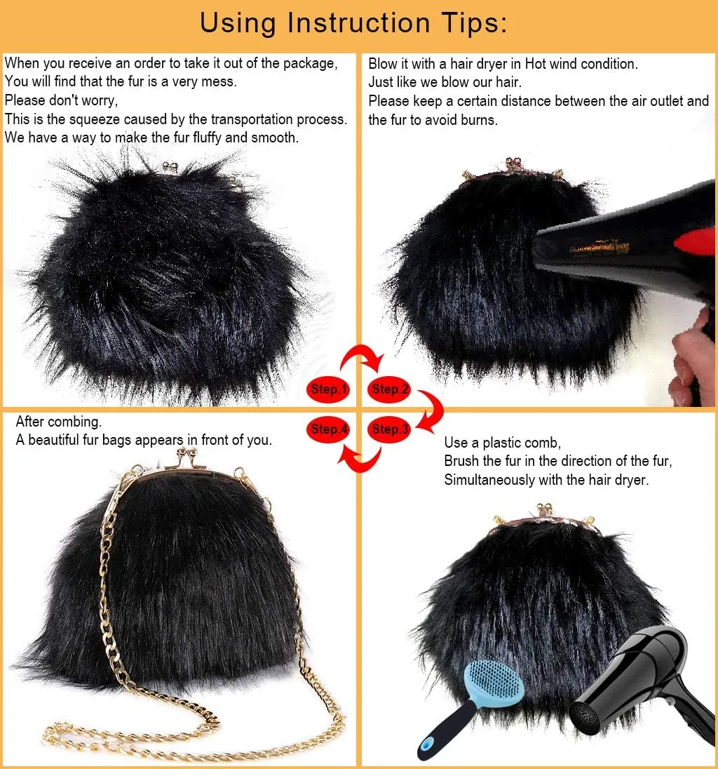 Faux Fur Evening Handbags Fuzzy Satchel Style Purse Fashion Clutch Handbag Shoulder Vintage Bags for Women