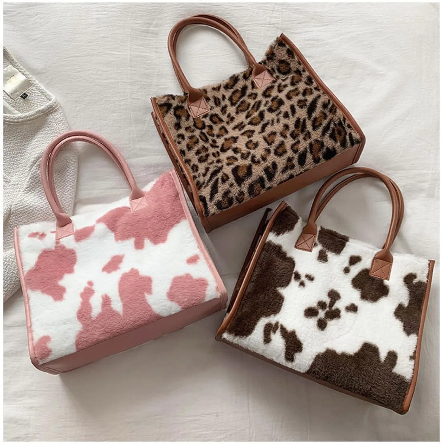 Faux Fur Large Tote Bags for Women Leopard Cow Print Shoulder Bags Purse Y2k Plush Handbags 2000s Streetwear