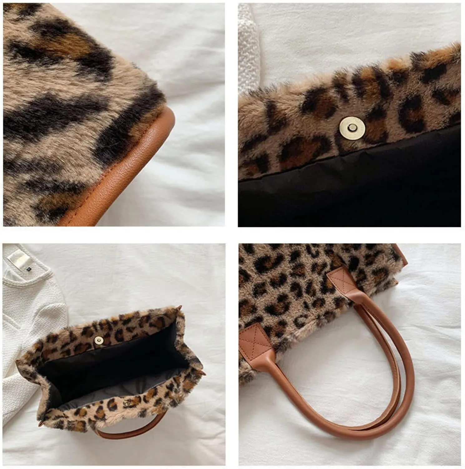 Faux Fur Large Tote Bags for Women Leopard Cow Print Shoulder Bags Purse Y2k Plush Handbags 2000s Streetwear