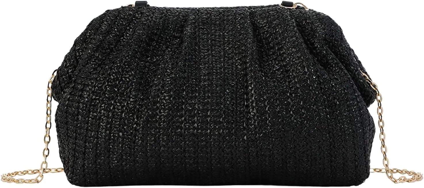Fecialy Straw Clutch Purse for Women Summer Beach Bag Dumpling Clutch Straw Crossbody Bag Beach Woven Rattan Bag