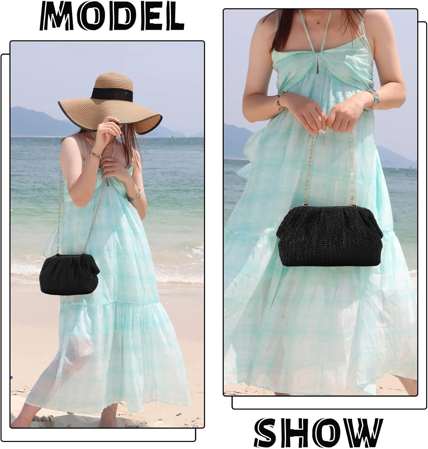 Fecialy Straw Clutch Purse for Women Summer Beach Bag Dumpling Clutch Straw Crossbody Bag Beach Woven Rattan Bag