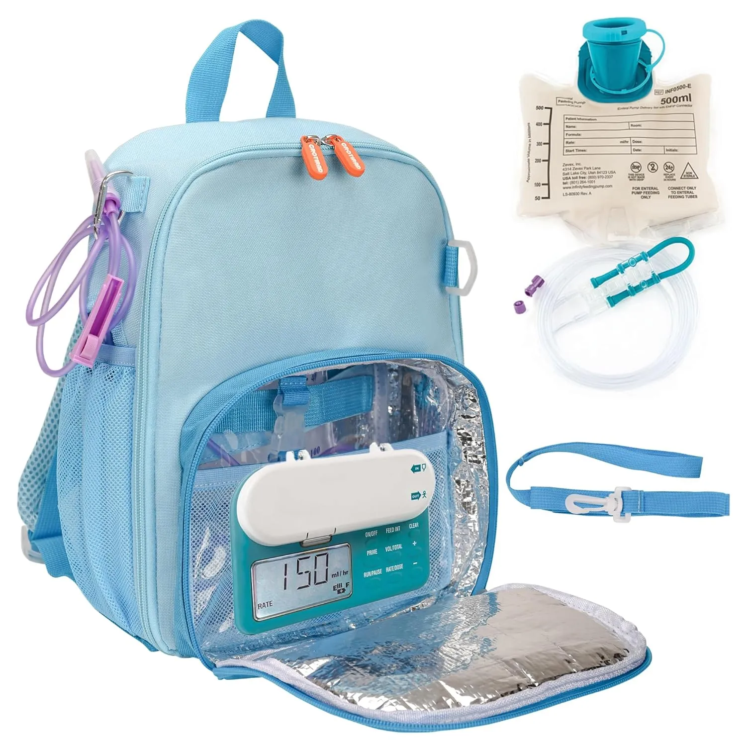 Feeding Tube Backpack Fits 500ml Bag and Enteral Feeding Pump (Compatible with EnteraLite Infinity, Flocare Infinity and Kangaroo Joey), Feeding Tube Bag for G Tube, J Tube and GJ Tube, Blue