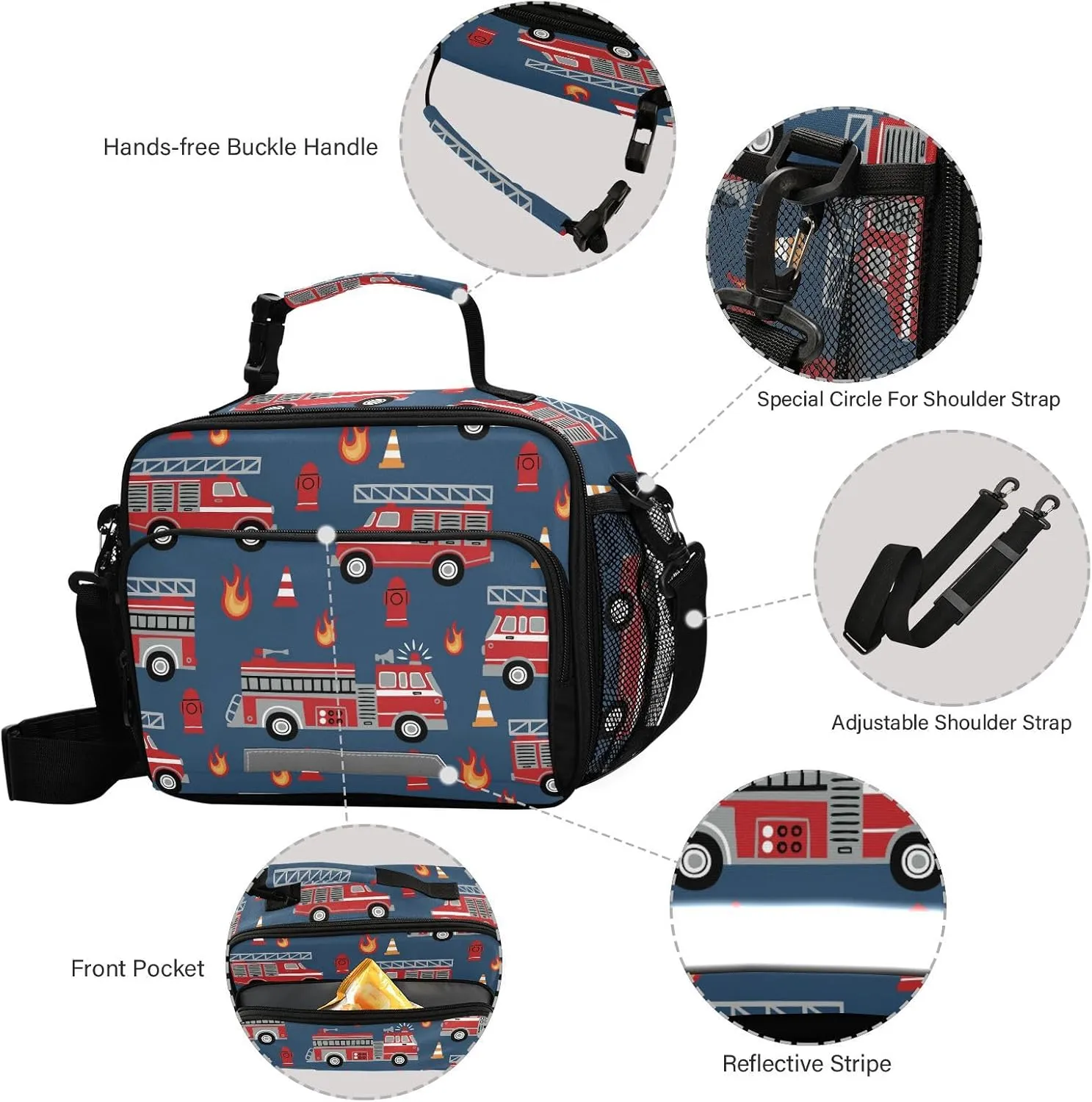 Fire Trucks Lunch Box for Boys Girls Insulated Lunch Bag Kids Cooler Tote Shoulder Strap Reusable School Picnic Travel Office