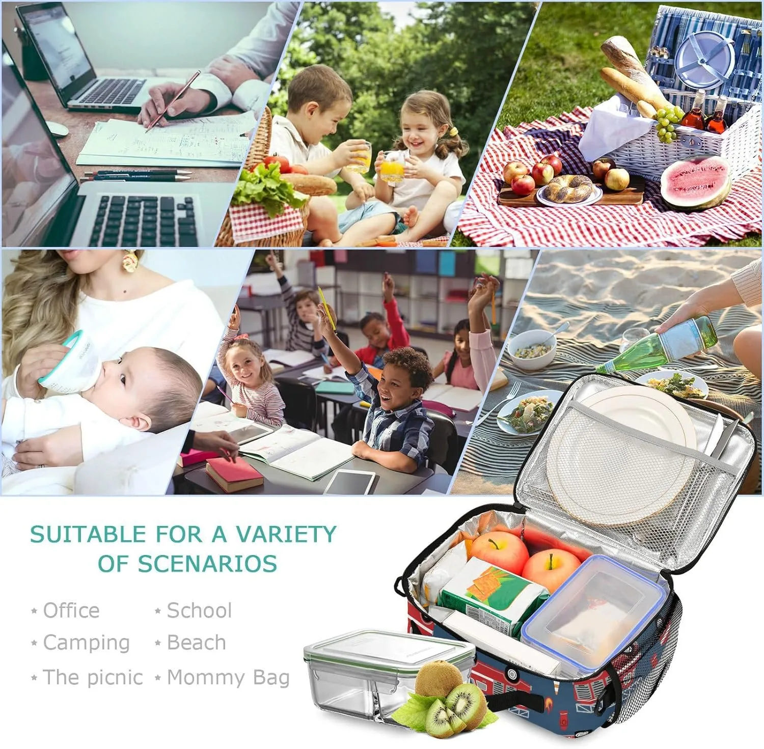 Fire Trucks Lunch Box for Boys Girls Insulated Lunch Bag Kids Cooler Tote Shoulder Strap Reusable School Picnic Travel Office