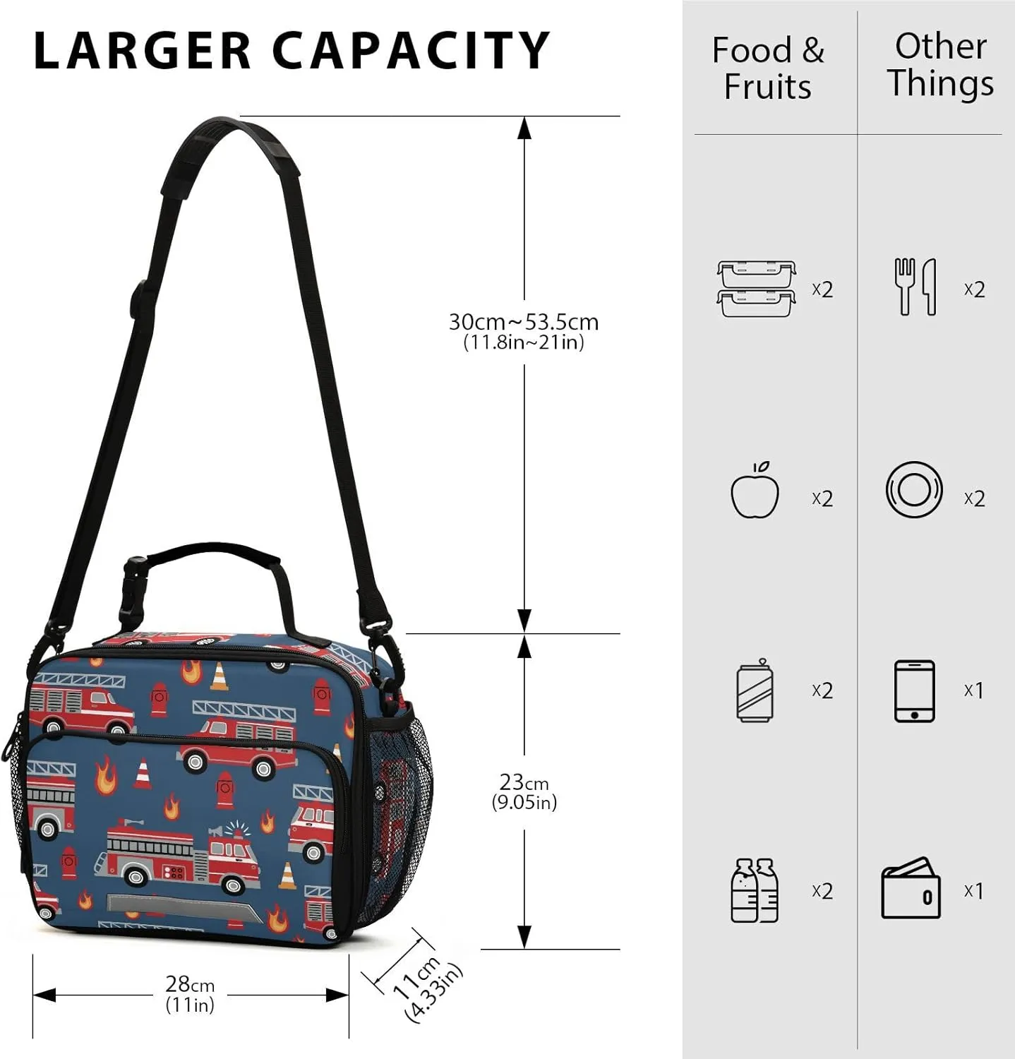 Fire Trucks Lunch Box for Boys Girls Insulated Lunch Bag Kids Cooler Tote Shoulder Strap Reusable School Picnic Travel Office