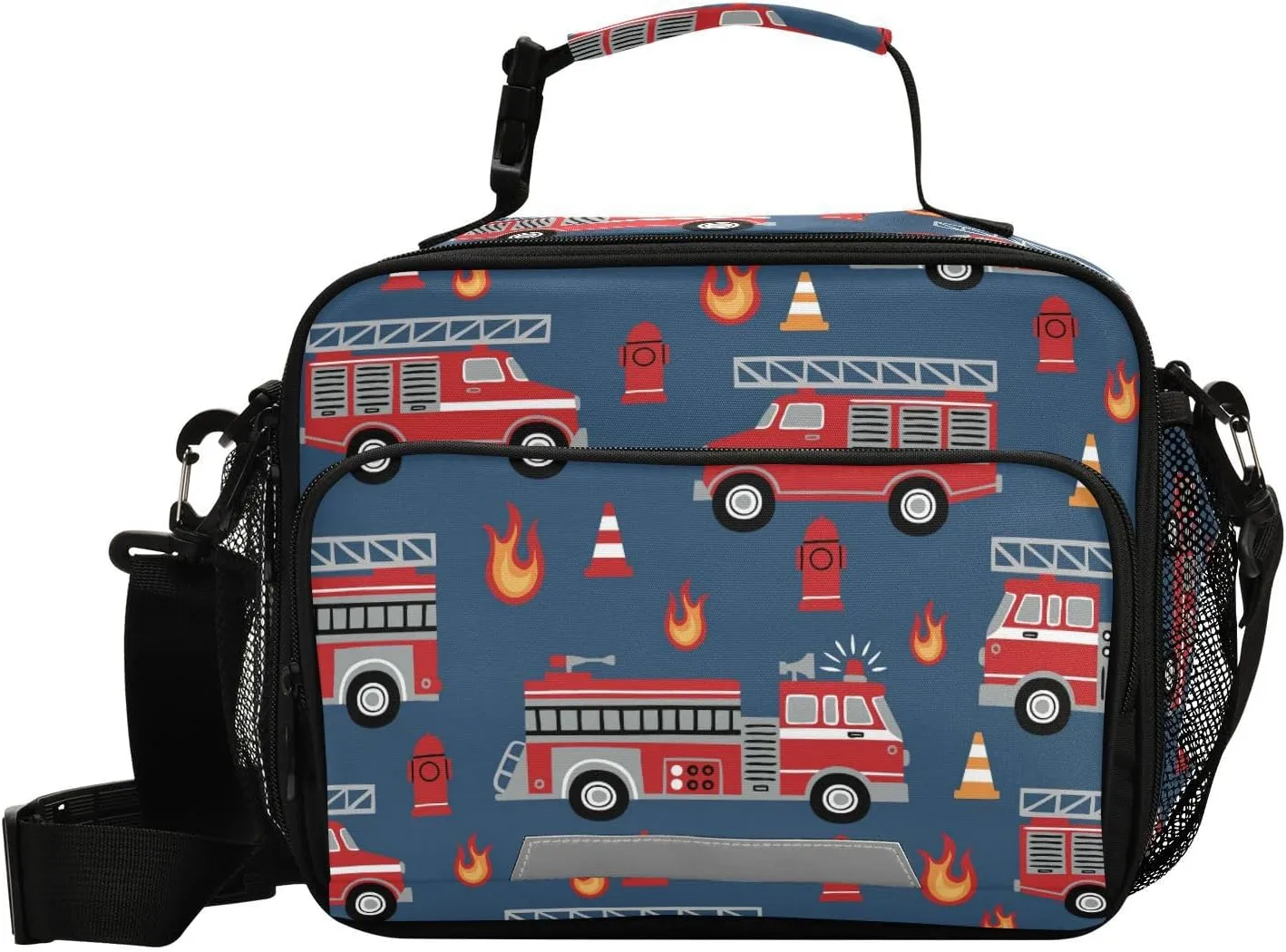 Fire Trucks Lunch Box for Boys Girls Insulated Lunch Bag Kids Cooler Tote Shoulder Strap Reusable School Picnic Travel Office