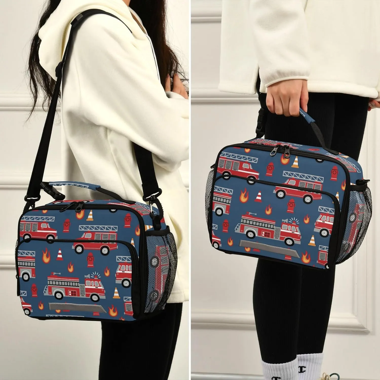 Fire Trucks Lunch Box for Boys Girls Insulated Lunch Bag Kids Cooler Tote Shoulder Strap Reusable School Picnic Travel Office