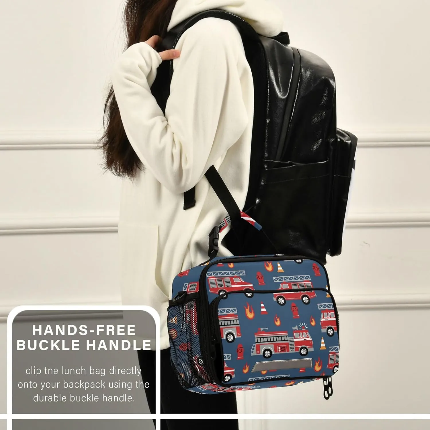 Fire Trucks Lunch Box for Boys Girls Insulated Lunch Bag Kids Cooler Tote Shoulder Strap Reusable School Picnic Travel Office