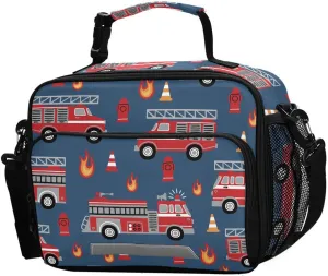 Fire Trucks Lunch Box for Boys Girls Insulated Lunch Bag Kids Cooler Tote Shoulder Strap Reusable School Picnic Travel Office