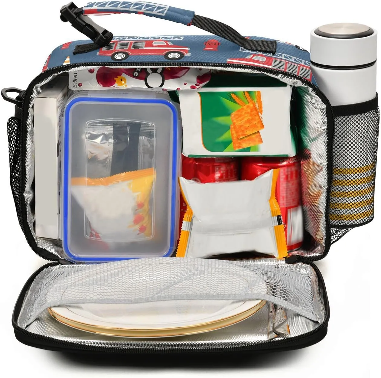 Fire Trucks Lunch Box for Boys Girls Insulated Lunch Bag Kids Cooler Tote Shoulder Strap Reusable School Picnic Travel Office