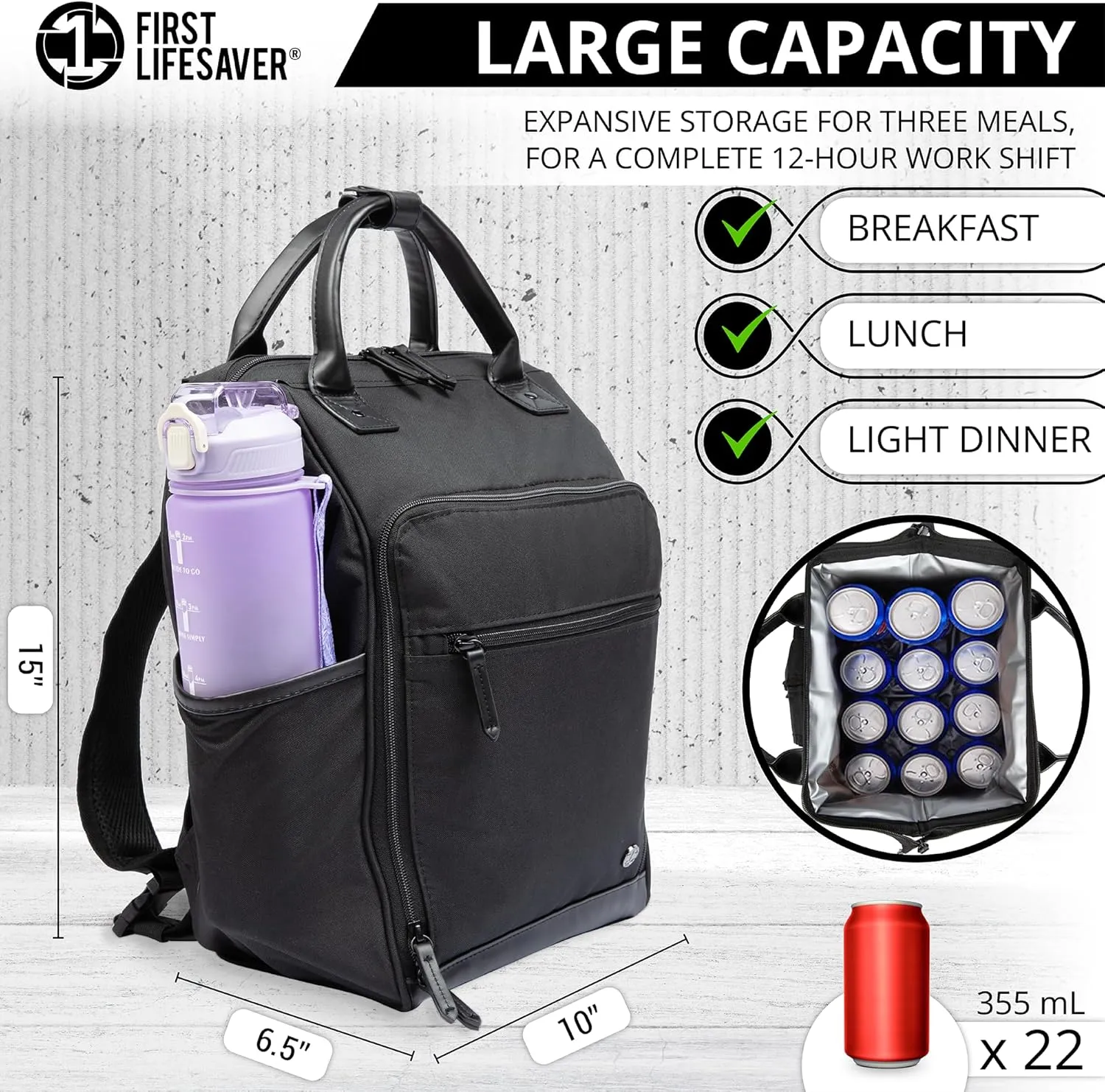 First Lifesaver Backpack Cooler, Lunch Bag with Insulated Leak-Proof Thermal for Women, Nurses, Nursing Students (Black)