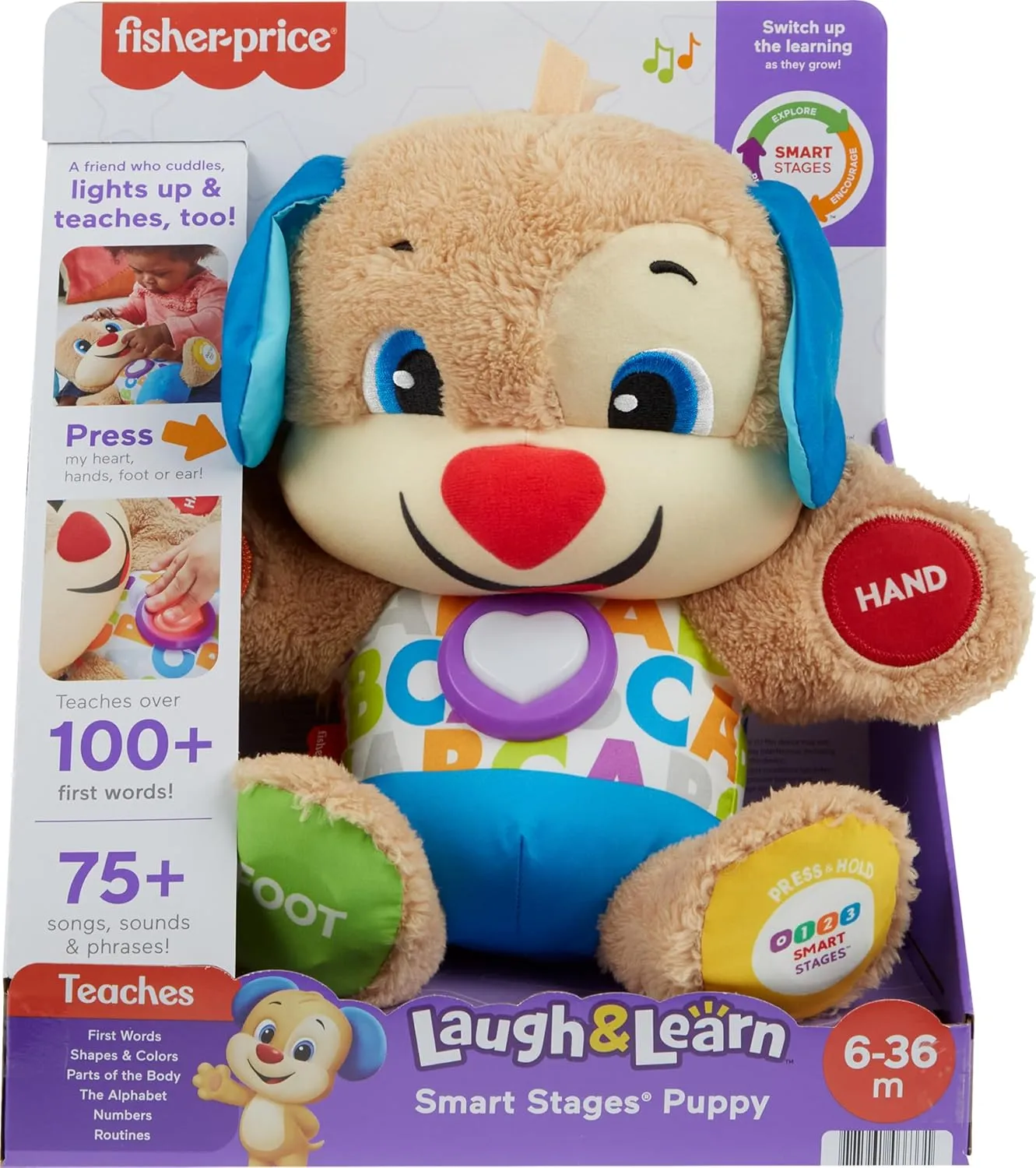 Fisher-Price Baby & Toddler Toy Laugh & Learn Smart Stages Puppy Musical Plush with Lights & Phrases for Infants Ages 6  Months
