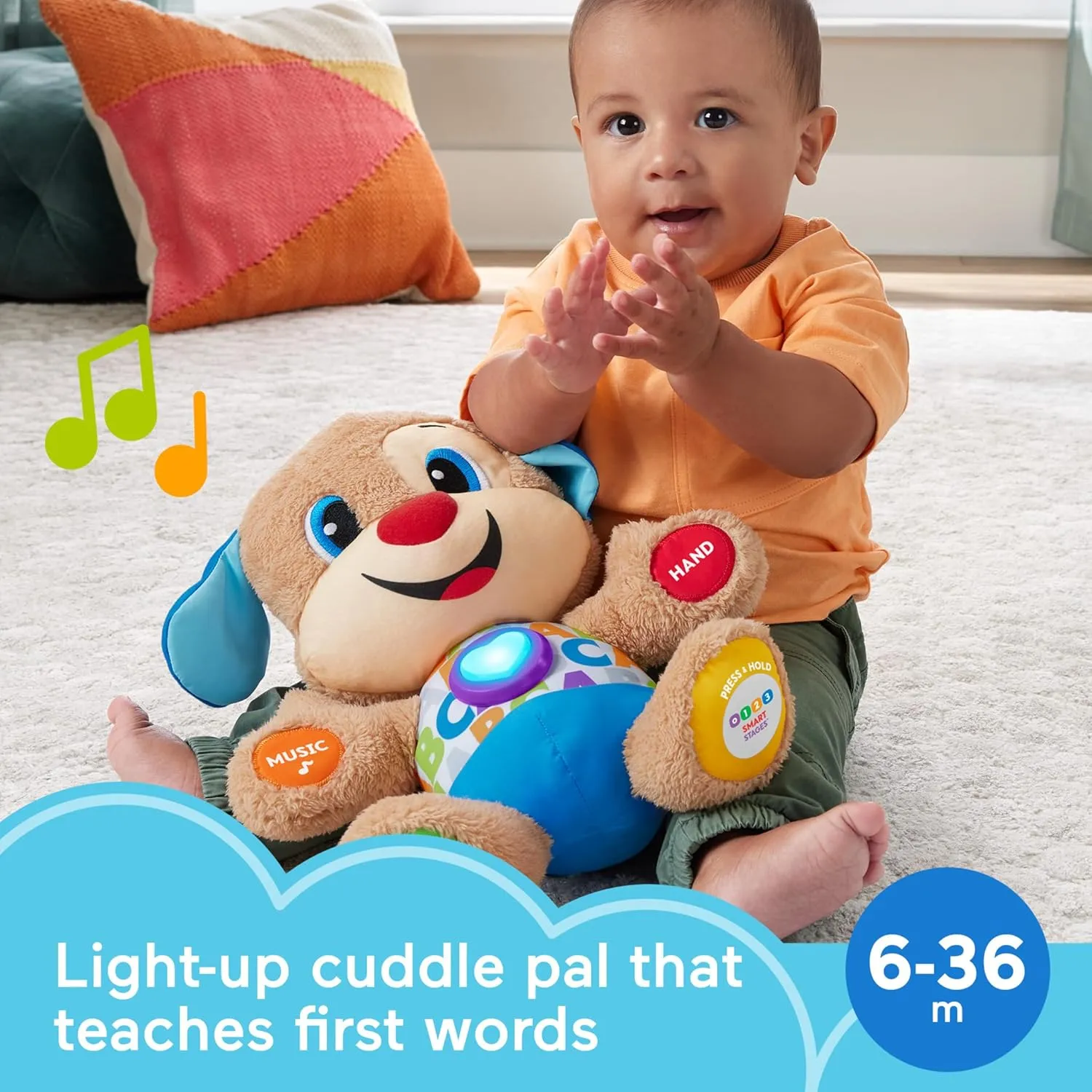 Fisher-Price Baby & Toddler Toy Laugh & Learn Smart Stages Puppy Musical Plush with Lights & Phrases for Infants Ages 6  Months