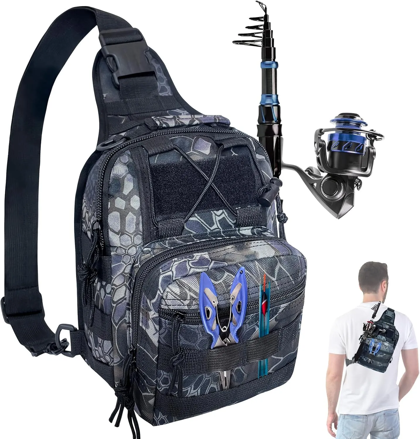 Fishing Backpack Outdoor Fishing Tackle Backpack Storage Bag Small Sling Backpack with Rod Gear Holders Lightweight Fishing Storage Backpack for Fishing Hiking Hunting and Traveling